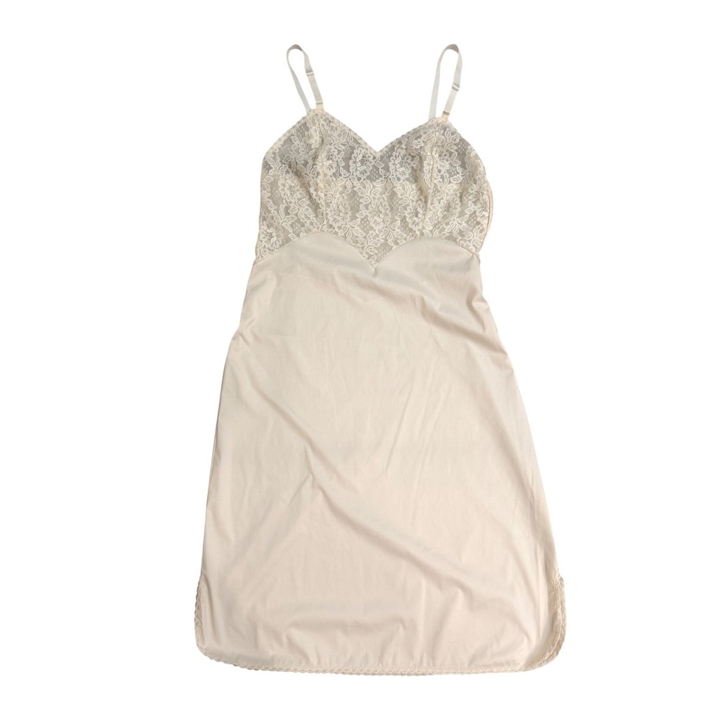 Vintage Seamprufe Cream Nylon Lace Full Slip Dress Size 36 Average USA Made EUC